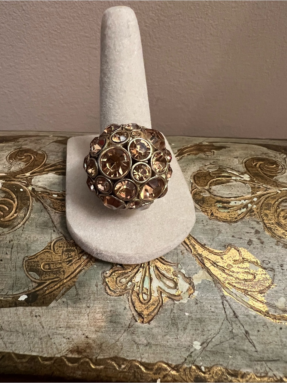Champagne Crystal and Gold Dome Statement Ring Size 8